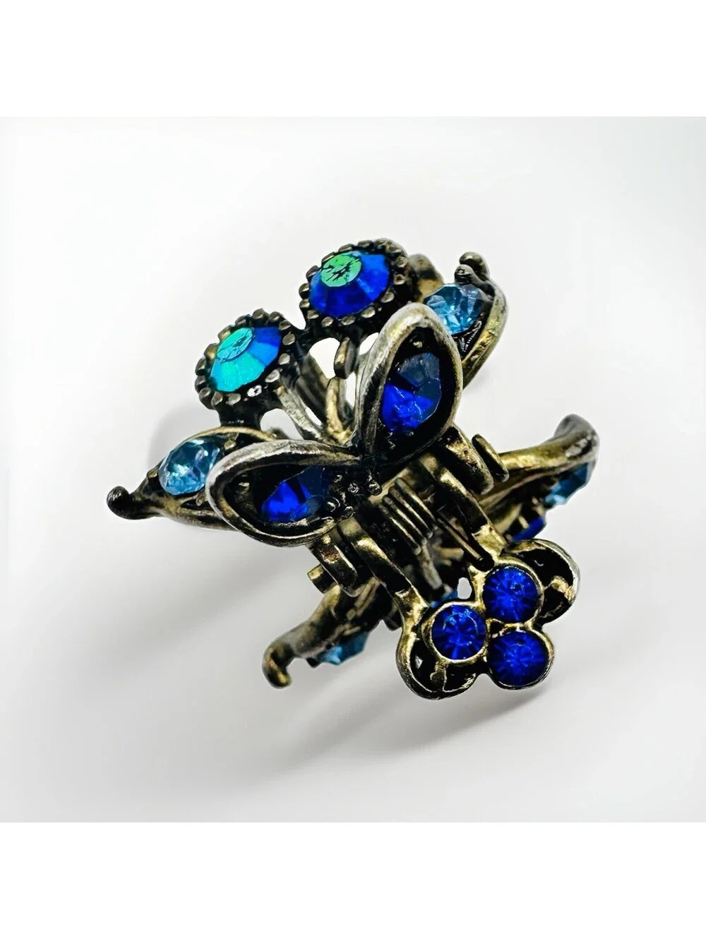 Vintage Mini Hair Claw Clip Butterfly With Blue Rhinestones